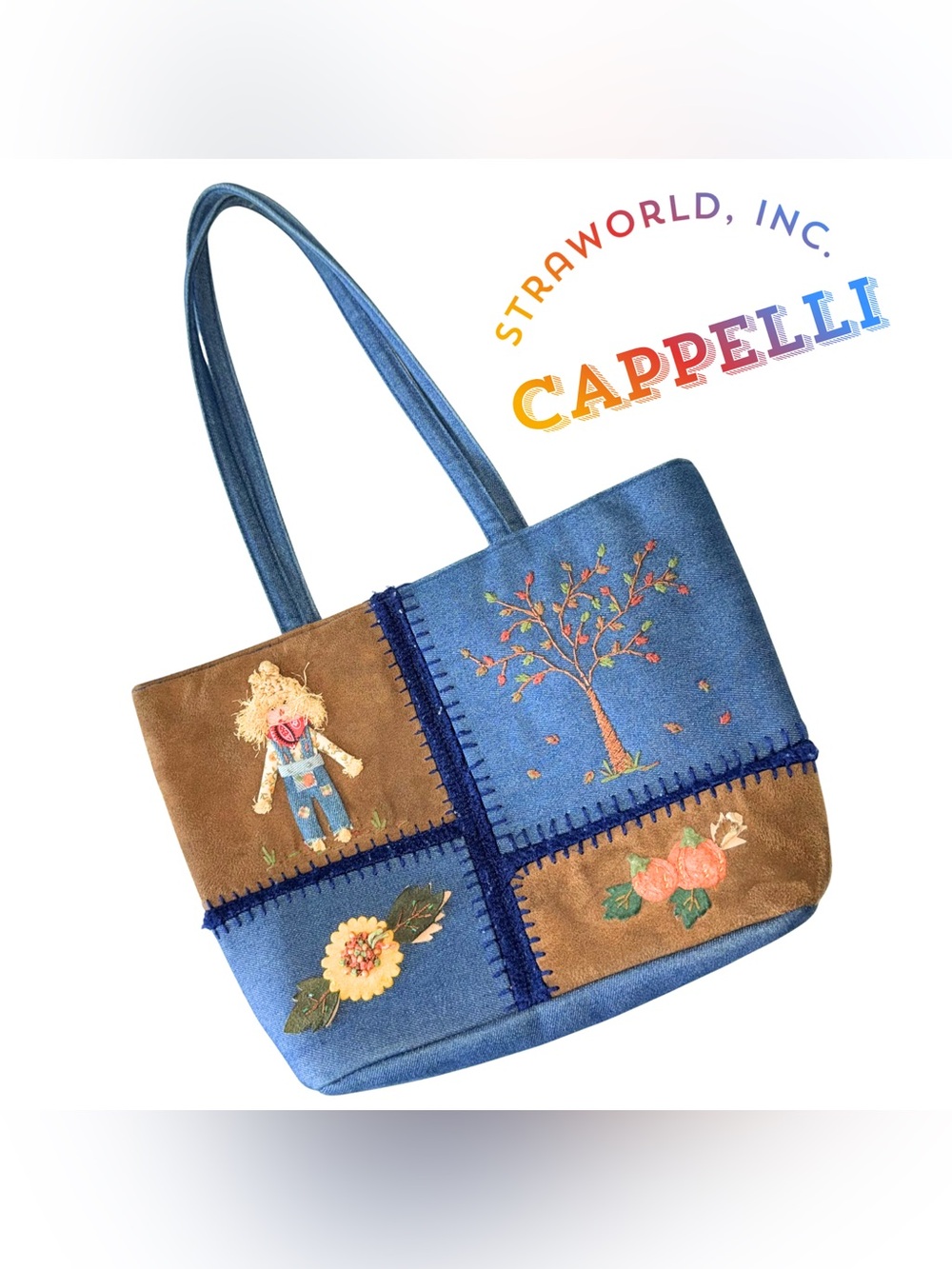 Cappelli Straworld Denim Patchwork‎ Tote Bag Fall Scarecrow Pumpkin Embroidery